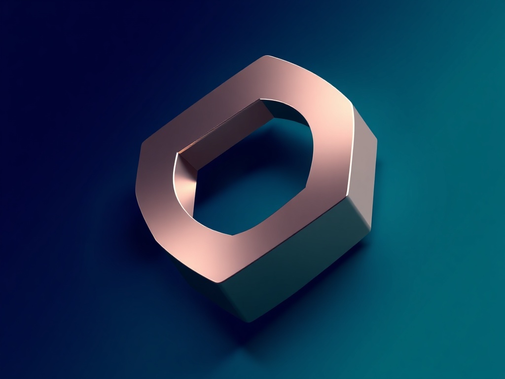 Abstract 3D logo mark of interlocking geometric shapes (cube and circle) with glossy metallic finish, floating on a gradient background from dark blue to teal, soft shadows, photorealistic 8k commercial photography style.