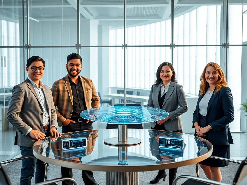 A diverse team of four professionals (two men, two women) in a modern glass boardroom, standing casually around a round table with holographic screens, natural lighting from ceiling-high windows, smiles and genuine interaction, photorealistic 8k commercial photography style.